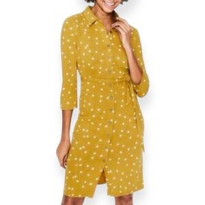 BODEN | Yellow Polka Dot Cotton Jersey Button Up Tie Waist Midi Dress